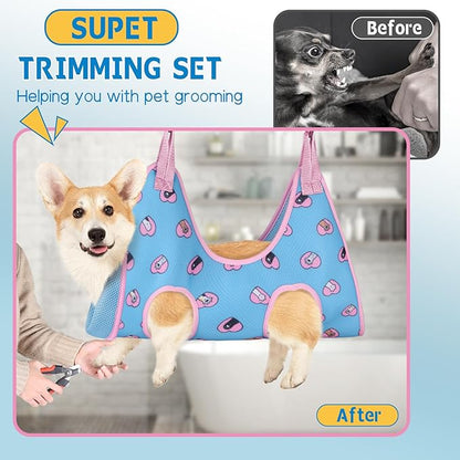 Supet Dog Grooming Hammock Harness for Dogs Cats, Relaxation Pet Nail Clipper Hammock, Restraint Dog & Medium Animal Leashes Sling for Groomingk for Nail Trimming (Blue-Love, M)
