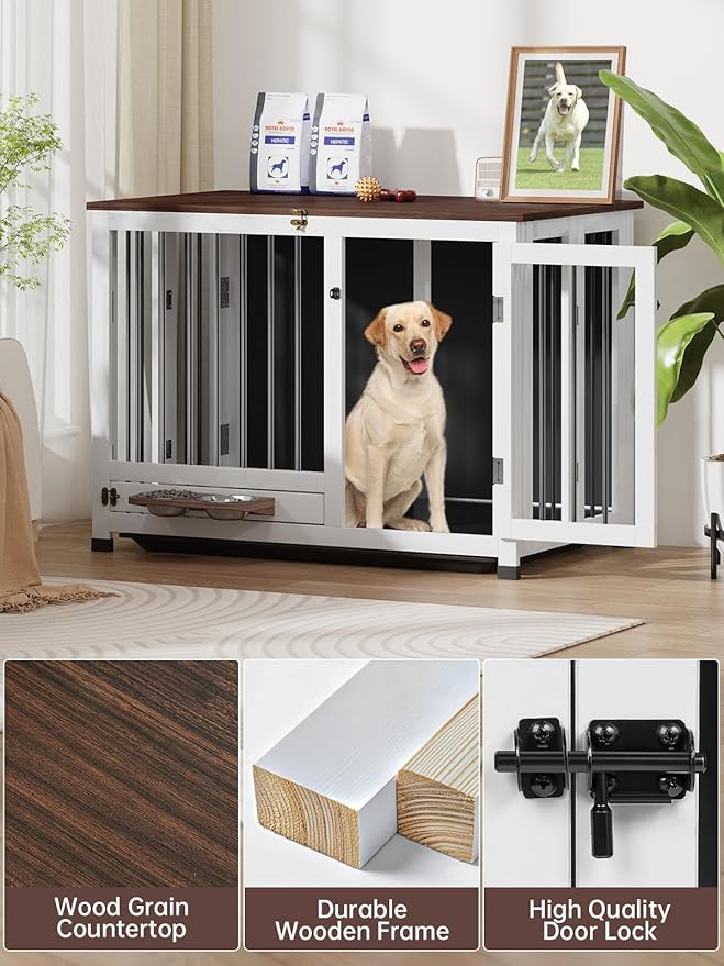 39.4" Dog Crate Furniture - Sturdy Dog Kennel with 360° Rotating Feeder & Removable Tray, Wooden End Table for Living Room, Dog Cage for Small & Medium, White