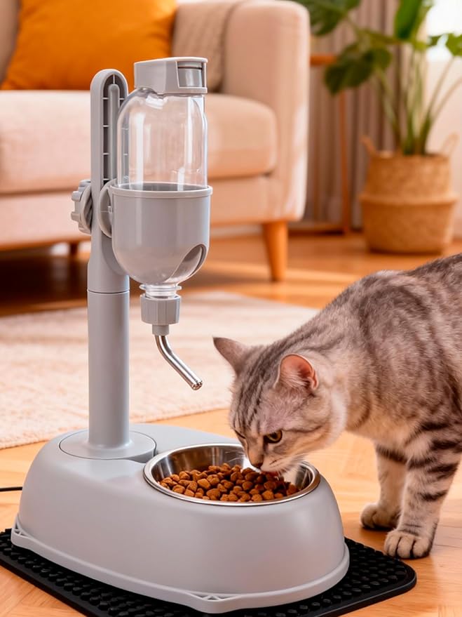 Pet Water Dispenser, Pet Standing Water Dispenser Bowl, 2 in 1 500ml Multifunctional Detachable Height with Stand for Dogs Cats
