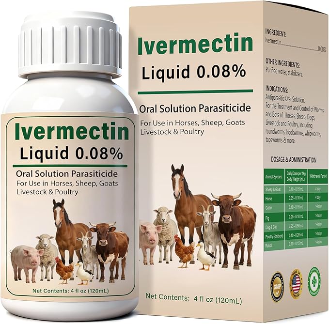 Ivermectin Liquid for Horse, Sheep, Poultry & More, All-Worm Formula for Tapeworms, Roundworms & Hookworms,120mL