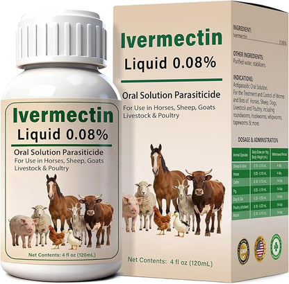 Ivermectin Liquid for Horse, Sheep, Poultry & More, All-Worm Formula for Tapeworms, Roundworms & Hookworms,120mL
