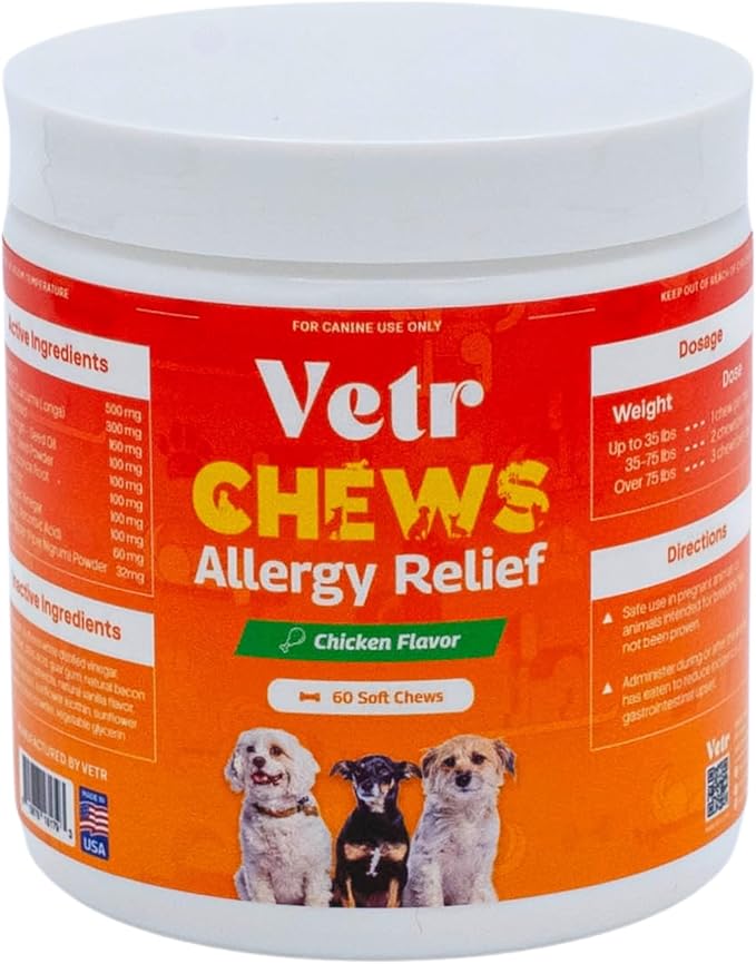 Vetr Allergy Relief Chews for Dogs - Dog Itching Skin Relief, Dog Allergy Treats with Probiotics and Omega-3 - Chicken Flavored 60 Count - Vet-Formulated in USA
