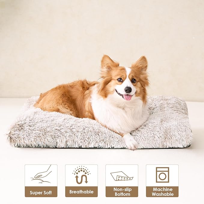 EHEYCIGA Fluffy Dog Crate Bed for Extra Large Dogs, Plush Faux Fur XLP Pad, Calming Anti Anxiety XL Plus Bed for Crate, Washable Soft Warm Dog Mat with Non-Slip Bottom, Brown