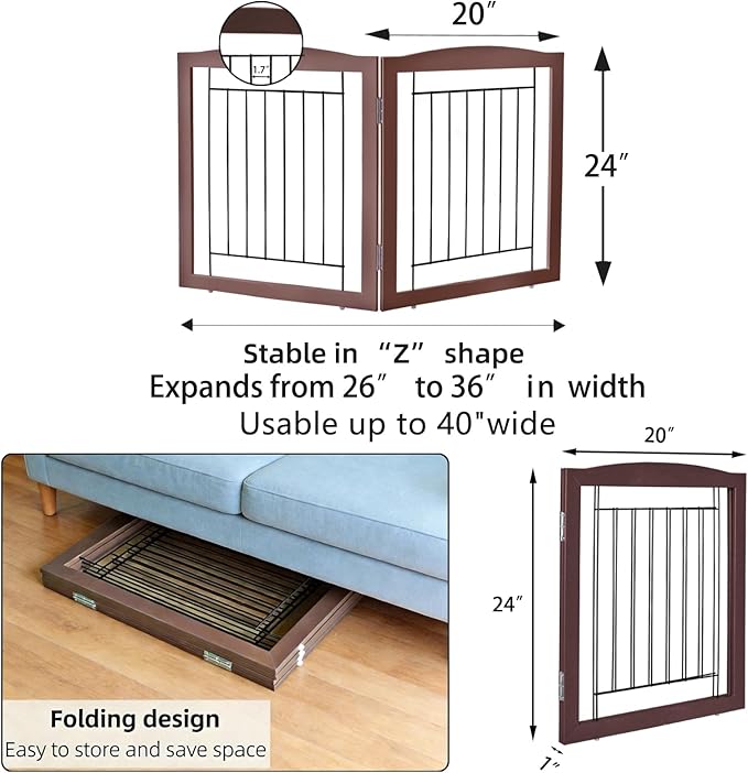 ZJSF Freestanding Foldable Dog Gate for House Extra Wide Wooden Indoor Puppy Gate Stairs Doorways Pet Gate Tall Dog Fence 2 Panels Fence Brown