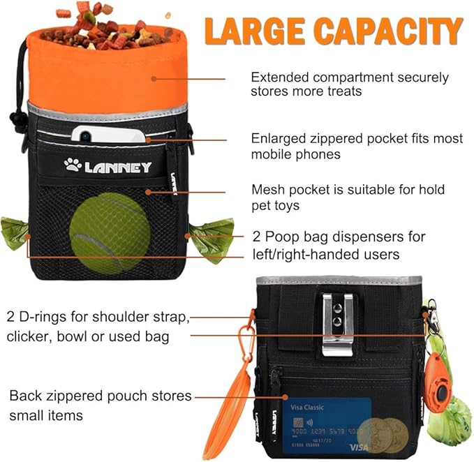 Dog Treat Pouch Pet Training Bag for Small to Large Dogs, Treat Tote Carry Kibble Snacks Toys for Training Reward Walking, Metal Clip, Waist belt, Shoulder Strap, Poop Bag Dispenser, Black with Orange