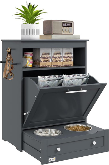 PawHut Dog Feeding Station with Raised Bowls & Storage Cabinet, Pet Feeder Cabinet Container with Hanger for Feeding & Watering Supplies, Dog Food Organizer, Gray