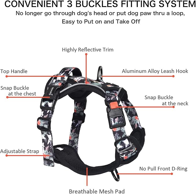 Petmolico No Pull Dog Harness Set with Leash Attachment Easy Control Handle Reflective Harness Vest Small Breed, Puppy Vest and Leash Set with Poop Bag Holder, Small - Rainforest Flower