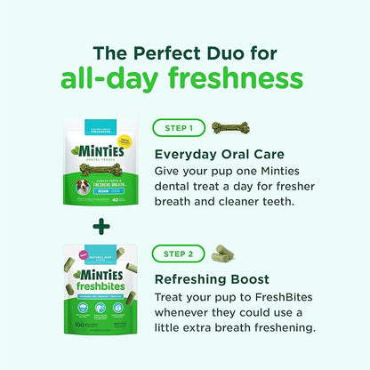 Minties FreshBites Soft and Chewy Dental Treats, Low Calorie Natural Mint Flavored Dental Chews for Dogs, 50 Count, Dog Chews Clean Teeth, Fight Bad Breath, Removes Plaque and Tartar