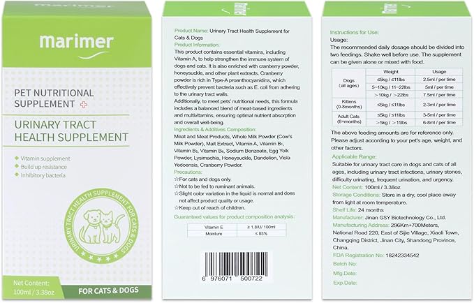 MARIMER Urinary Health Liquid Supplement for Cats for Dogs – Cranberry, Herbal Extracts & Vitamins – Supports Urinary Tract, Reduces Infections & Stones – All Life Stages, 3.38oz (100ml)