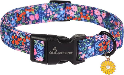 ARING PET Floral Dog Collar, Cute Blue Pink Orange Spring Summer Flower Doggy Pet Collars for Puppy Small Medium Large Girl Female Dogs-XS