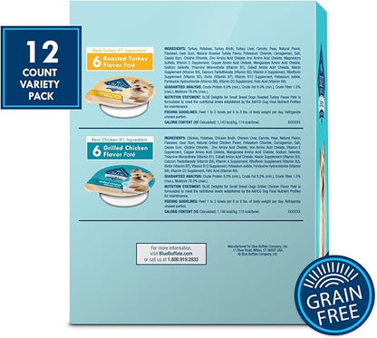 Blue Buffalo Delights Small Breed Natural Wet Dog Food Variety Pack, Roasted Turkey Paté and Grilled Chicken Paté, 3.5-oz Cups, 12 Count