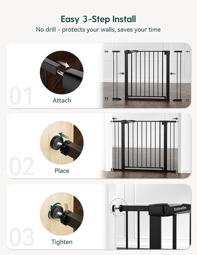 Babelio Baby Gate for Doorways and Stairs, PressGuard P7 Auto Close Dog Gate, 36" Tall Easy Install Pressure Mounted, fits for 29-43" Doorway, Safety Gate Door for Child and Pet, Black