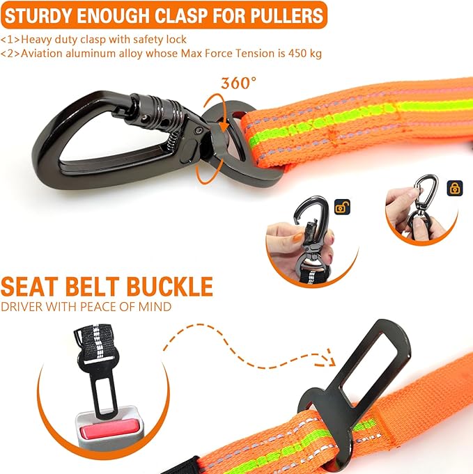 No-Pull Shock Absorbing Bungee Leash for Large Dogs, 4-6 FT Heavy Duty Dog Leash with Traffic Handle & Seat Belt Buckle, Reflective, Up to 150 Lbs