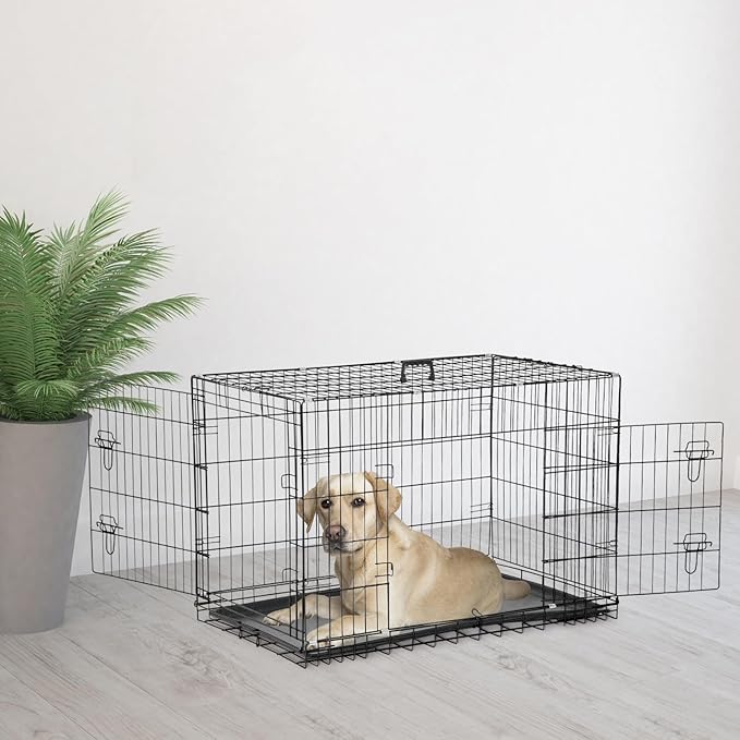 Dog Crate, Wire Kennel with Divider Panel, Metal Cages with Double Door, Leak-Proof Pan Tray, Folding Portable Pet Dog Cage for Indoor Outdoor Travel (Black, 48")