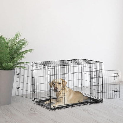 Dog Crate, Wire Kennel with Divider Panel, Metal Cages with Double Door, Leak-Proof Pan Tray, Folding Portable Pet Dog Cage for Indoor Outdoor Travel (Black, 48")