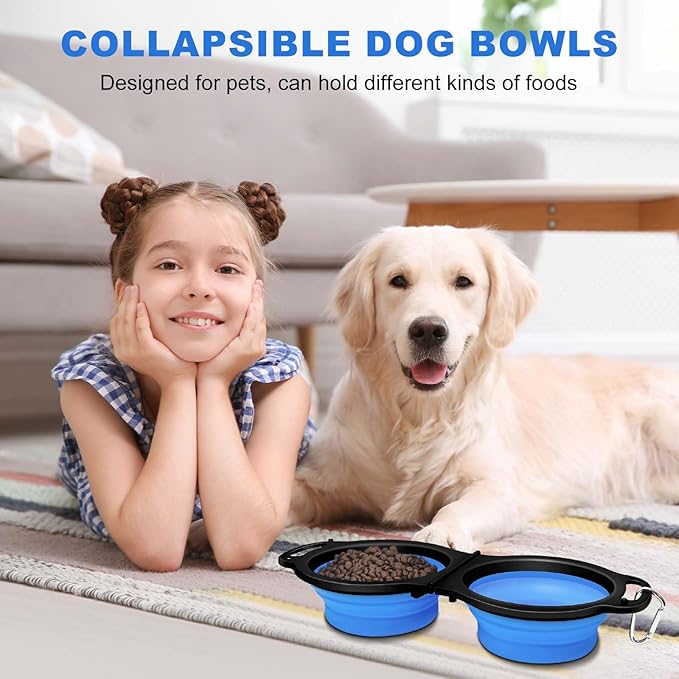 Collapsible Silicone Cat and Dog Travel Bowls,2 in 1 Foldable Pet Feeding and Watering Dish for Walking Camping Hiking with Carabiner (Blue)