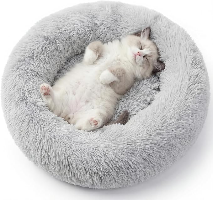 WROS Calming Dog Bed, 20" x 20" x 6" Fits Cat & Dog, Anti-Slip Round Washable Faux Fur for Doze Off, Napping Orthopedic, Grey