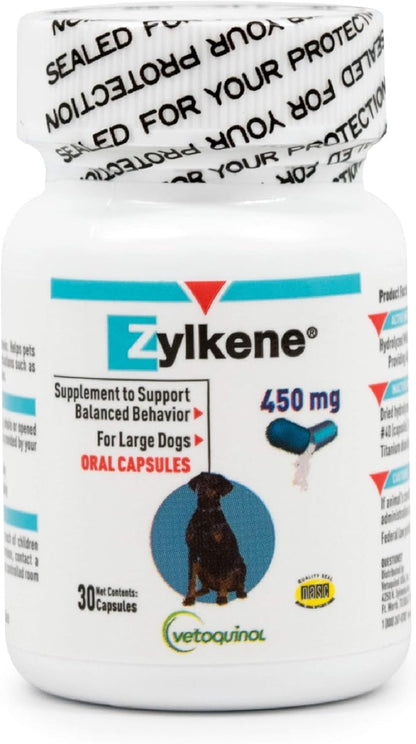 Vetoquinol Zylkene Calming Support Supplement for Large Dogs 33-132lbs, Helps Promote Relaxation and Reduce External Stress Factors, Daily Behavioral Support and Anxiety Relief for Dogs, 450mg