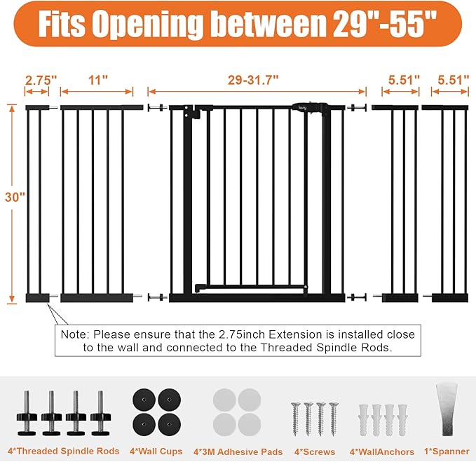 keny 29"-55" Extra Wide Baby Gate, Pressure Mounted No Drilling Dog Gate for Stairs Doorways, Easy Walk Through Safety Gate for Babies or Pets, 30" Tall, Black