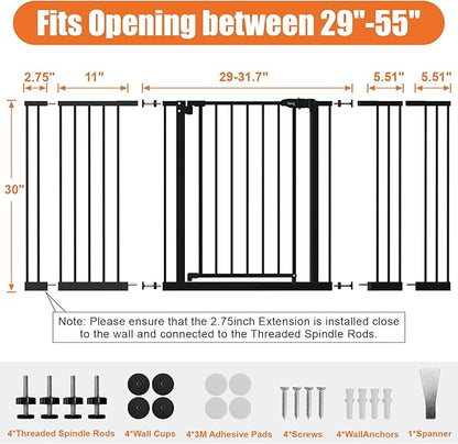 keny 29"-55" Extra Wide Baby Gate, Pressure Mounted No Drilling Dog Gate for Stairs Doorways, Easy Walk Through Safety Gate for Babies or Pets, 30" Tall, Black