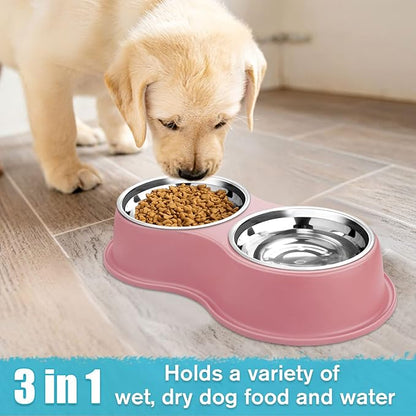 Epetslove Dog Bowls Double Dog Water and Food Bowls Stainless Steel Bowls with Non-Slip Resin Station, Pet Feeder Bowls for Puppy Medium Dogs Cats