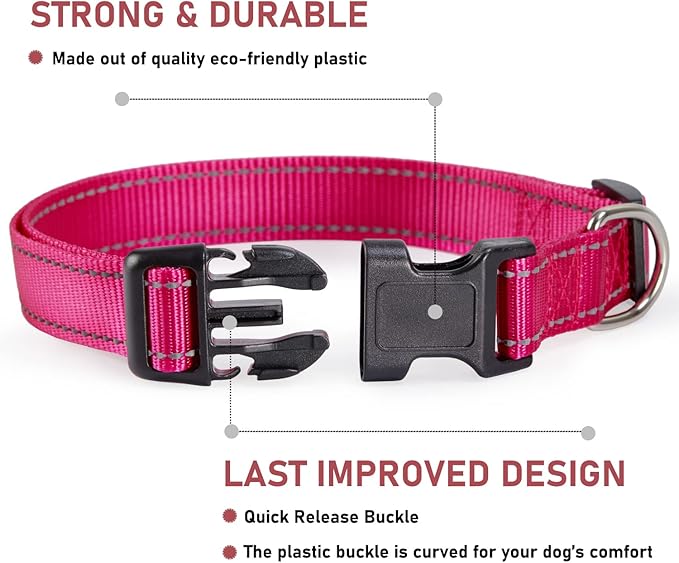 Reflective Dog Collar with Buckle Adjustable Safety Nylon Collars for Small Medium Large Dogs, Pink XL