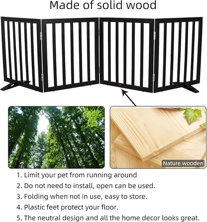 Dog Gate Indoor, Freestanding Dog Fence for The House, Doorways, Hallways,or Stairs,Pet Gate Foldable Wooden,Expandable 24" Height 4 Panels,Black