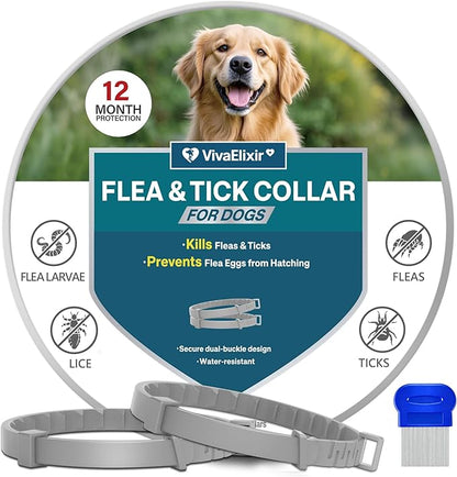 Flea Collars for Dogs, Dog Flea & Tick Control Flea Collar 12 Months Protection, Waterproof Dog Flea Collar, Flea Prevention for Dogs with Comb and Prevention Treatment Drop, 2Pack