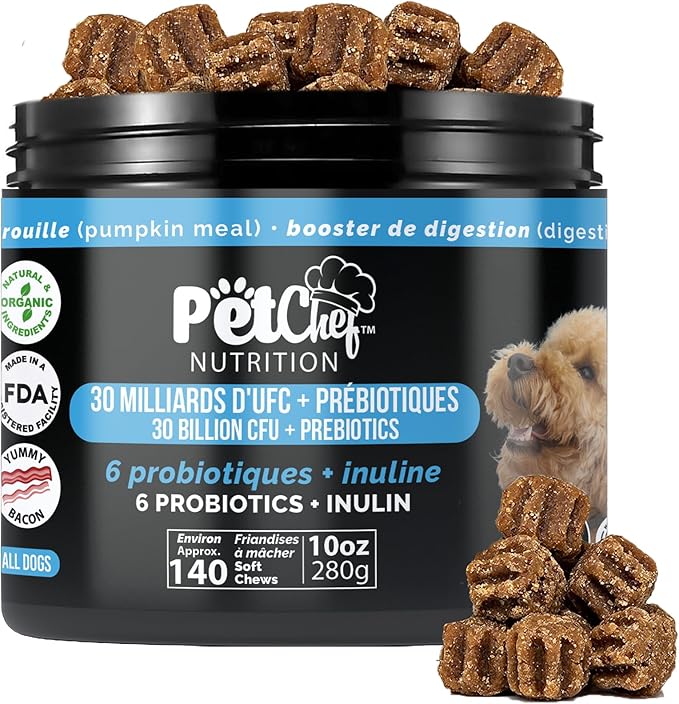 Pet Chef Probiotic Blend for Dogs with Prebiotics & Enzymes 140 Naturally Healthy Soft Chews for Digestion Gut & Skin Health Puppy-Friendly Improves Poop Stops IBS Low Calorie No Fillers