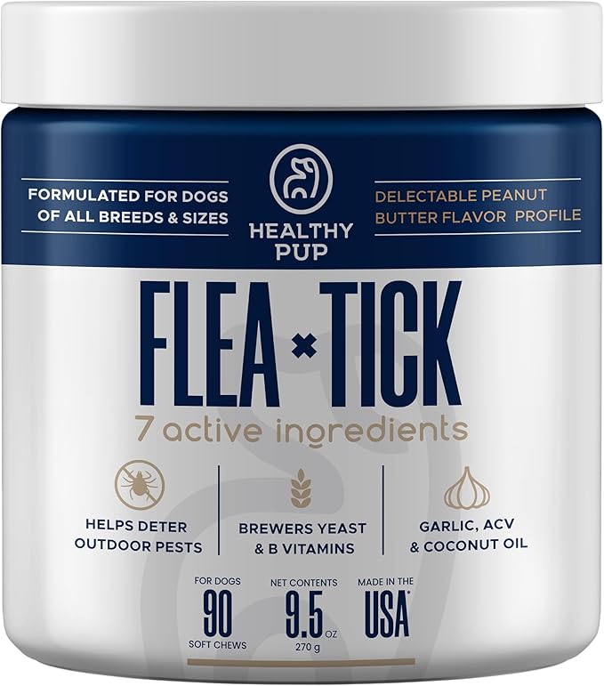Flea and Tick Prevention for Dogs, Chewable – 90 Peanut Butter Flavored Soft Chews – Made with B Vitamins, Garlic Powder, Brewers Yeast, Coconut Oil, and Apple Cider Vinegar