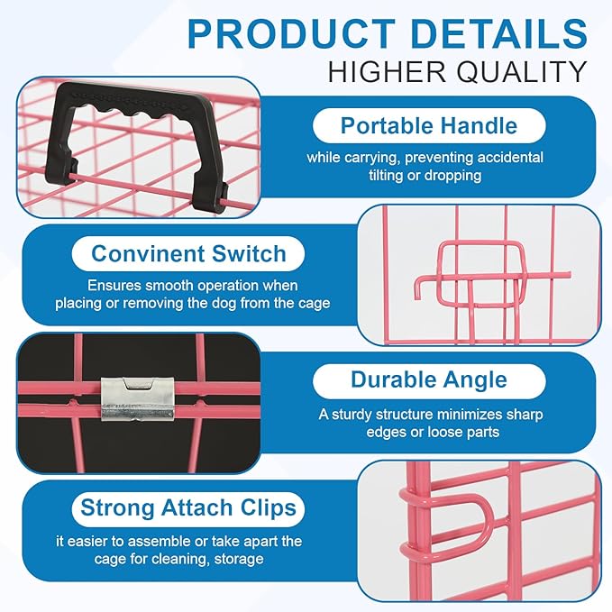 36 inch Dog Crates for Medium Dogs Folding Metal Wire Dog Cage Kennel, Indoor Outdoor Dog Crate Kennels with Handle&Proof Tray Portable Pet Kennel Pink