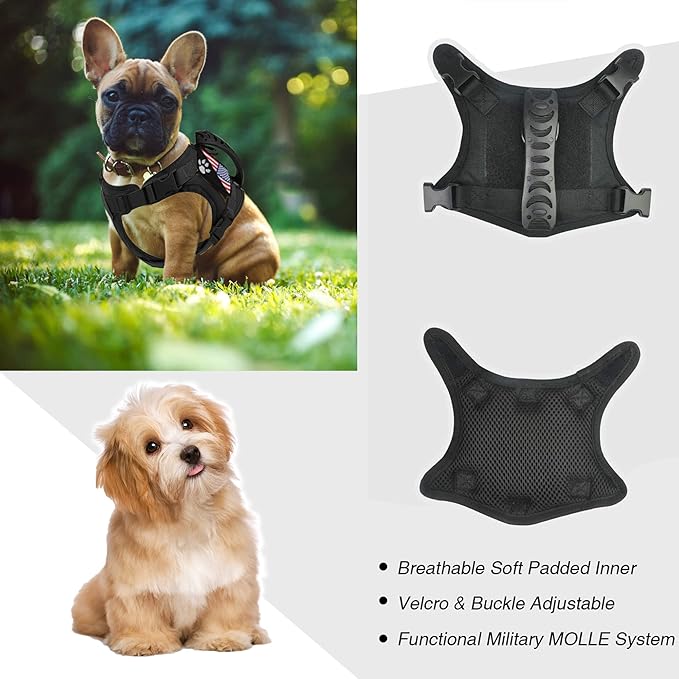 Tactical Dog Harness with Leash Tactical Puppy Vest with Rubber Handle K9 Military Adjustable Pet Harness for Outdoor Training XS Dog Harness (Black Harness with Leash)
