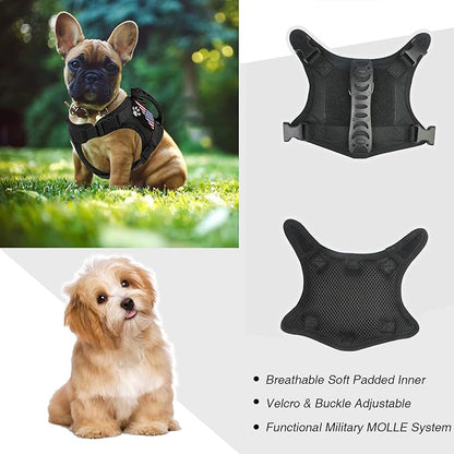 Tactical Dog Harness with Leash Tactical Puppy Vest with Rubber Handle K9 Military Adjustable Pet Harness for Outdoor Training XS Dog Harness (Black Harness with Leash)