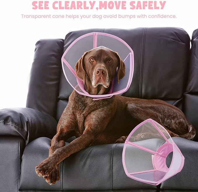 Dog Cone Collar for Dogs After Surgery,Transparent Dogs Cone Stop Licking,Foldable Dog Recovery Collars & Cones Anti-Bite Lick Protective Wound,Protective Elizabethan Collar Alternative,Pink,S