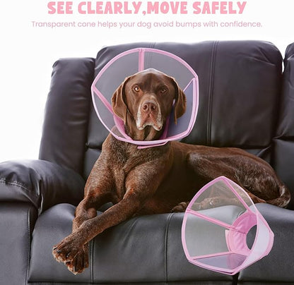 Dog Cone Collar for Dogs After Surgery,Transparent Dogs Cone Stop Licking,Foldable Dog Recovery Collars & Cones Anti-Bite Lick Protective Wound,Protective Elizabethan Collar Alternative,Pink,XL