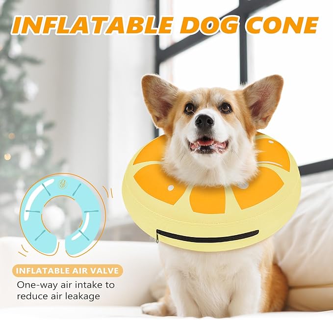 Inflatable Dog Cone Collar to Stop Licking, Soft Neck Donut Collar After Surgery, Adjustable Recovery Cone for Small Medium Large Dogs (Orange,S)