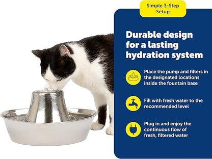 PetSafe Seaside Stainless Steel Cat & Dog Fountain, 60 Oz Water Capacity - 2 Water Filters & 1 Pump Included, Soothing Flow for Pets, Scratch-and Rust-Resistant Material - Quiet Motor