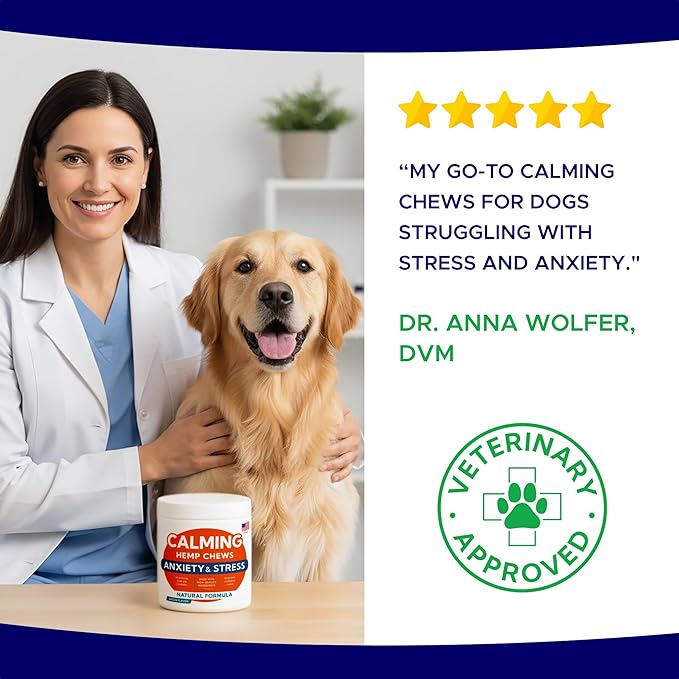 Advanced Calming Chews for Dogs - Hemp Treat + Melatonin + Valerian - Relaxing Bites - Calming Care - Stress Relief - Made in USA - Calm, Sleep Aid, Storms - 60Ct