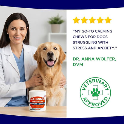 Advanced Calming Chews for Dogs - Hemp Treat + Melatonin + Valerian - Relaxing Bites - Calming Care - Stress Relief - Made in USA - Calm, Sleep Aid, Storms - 60Ct