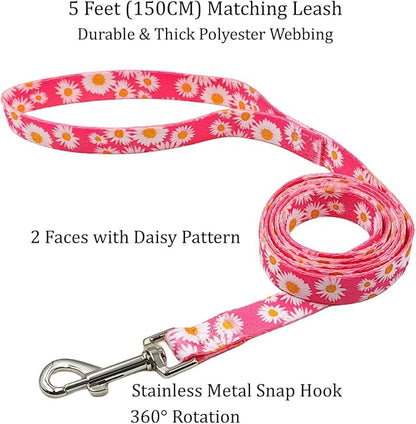 Dog Collar and Leash Set, Cute Pink Daisy Pattern, Polyester Material, 5ft Leash, for Large Dogs.(Large, Pink Daisy)