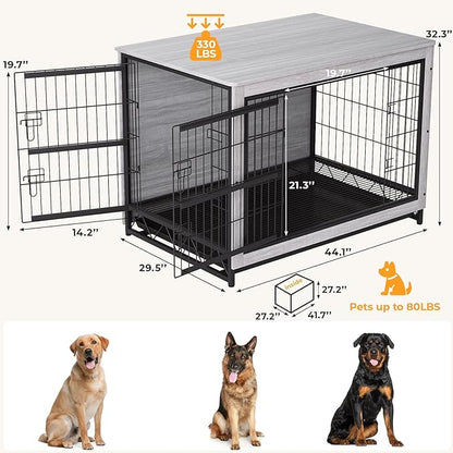 TLSUNNY Dog Crate Furniture, 44.1" Wooden Dog Kennel Indoor with 2 Doors, Heavy-Duty Dog Cage with Removable Tray, End Side Table, Modern Dog House for Large/Medium/Small Dogs, Grey