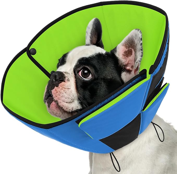 Queenmore Dog Cones for Small Dogs, Soft Cone for Dogs After Surgery, Adjustable Comfy Cone for Dogs & Cats, Comfortable Pet Cone After Surgery for Wound Healing, Blue&Green S