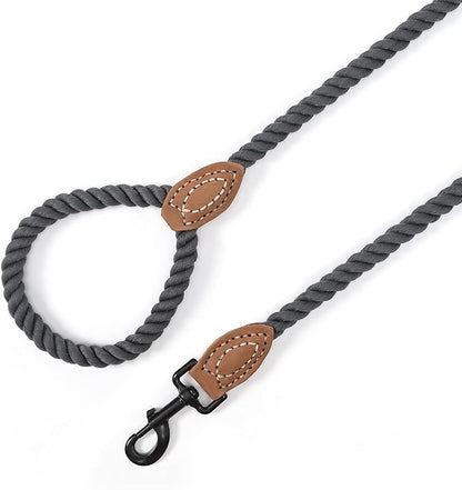 Mile High Life Dog Leash, Braided Cotton Rope Leashes with Leather Tailor Tip with Leather Tip - Heavy Duty Metal Clasp, 5FT, 1/2" Thick - Wedding, Walking for Medium Large Dogs(Dark Gray)