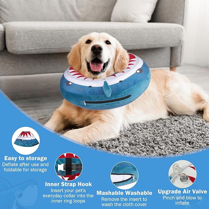 SCENEREAL Dog Cone Alternative After Surgery Pet Recovery Collar for Small Medium Large Dogs Cats, Adjustable Inflatable Donut to Prevent Licking, Shark Print E-Collars