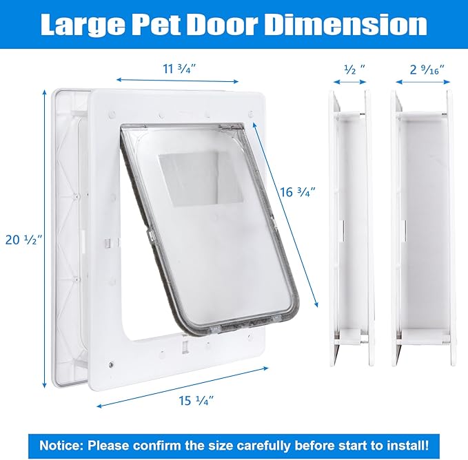 Pet Door, Durable Plastic Dog Door, 16.7”x 11.7'' Inner Frame for Large Dog and Pets, Easy DIY Installation, Suitable for Interior and Exterior Doors, Screen and Wall, White Doggie Door