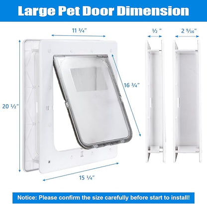 Pet Door, Durable Plastic Dog Door, 16.7”x 11.7'' Inner Frame for Large Dog and Pets, Easy DIY Installation, Suitable for Interior and Exterior Doors, Screen and Wall, White Doggie Door