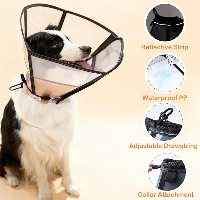 Soft Dog Cone, Stop Licking Deep Pet Recovery Collar After Surgery for Large Medium Dogs, Clear Plastic Breathable Elizabethan Head Neck Circle, Adjustable Comfortable Cones 28cm Long (ML Black)