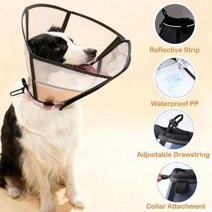 Soft Dog Cone, Stop Licking Deep Pet Recovery Collar After Surgery for Large Medium Dogs, Clear Plastic Breathable Elizabethan Head Neck Circle, Adjustable Comfortable Cones 28cm Long (ML Black)