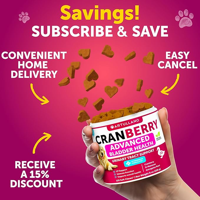 Dog UT Treats - Cranberry Chews for Dogs - Urinary Tract & Bladder Support Supplement with Natural Cranberry Extract - Tasty 120 Soft Bites for Daily Wellness with Fish Oil, Pumpkin, D-Mannose