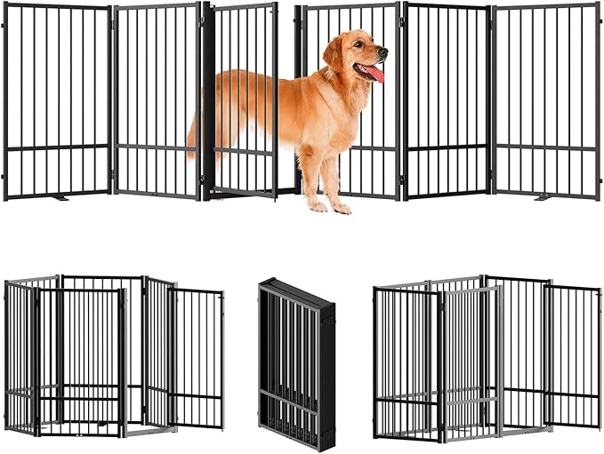 SNUOWU Full Metal Freestanding Dog Gate with Door, 36''Height Foldable Pet Dog Fence for Indoor & Outdoor, 6 Panels Extra Wide Free Standing TallDog Gates for Doorways,House,Stairs,Porch,Deck,Yard